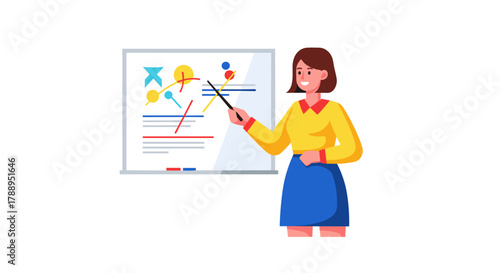 Businesswoman presents strategy plan on whiteboard with charts and data analysis
