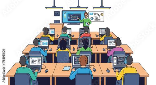 Diverse students learning computer programming coding in modern classroom setting with instructor