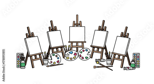 Multiple Artist Easels with Blank Canvases and Paint Palettes Setup in a Studio Environment