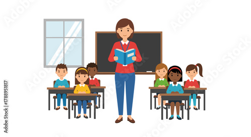 Happy teacher reading a book to diverse students in a classroom cartoon illustration isolated on white background