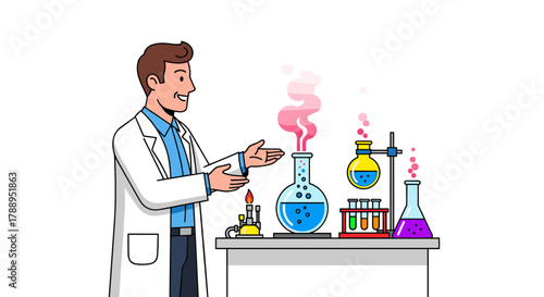 Scientist conducting colorful chemical experiment with flasks and beakers on white background