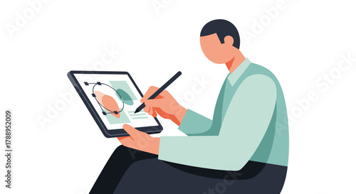 Graphic designer creating digital art using stylus on tablet isolated on white background