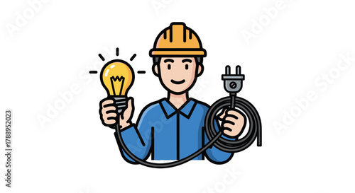 Cartoon electrician holding a light bulb and power cord isolated on white background
