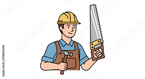 Cartoon Carpenter Holding Hammer and Saw Isolated on White Background