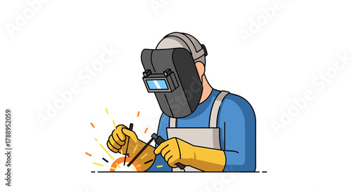 Skilled welder wearing protective gear and mask working on metal with sparks isolated on white background
