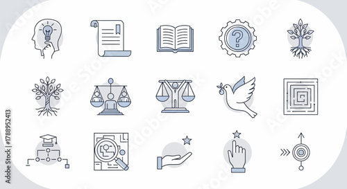 Collection of conceptual icons representing ideas and principles.