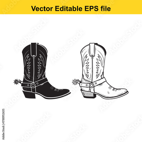 Two cowboy boots, one black and one white, with spurs