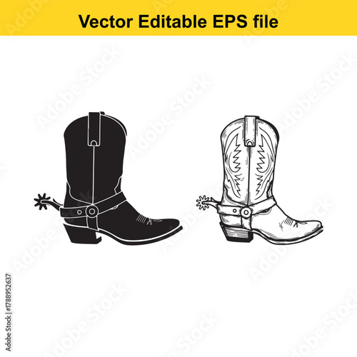 Two cowboy boots with spurs, one in silhouette and one in line art