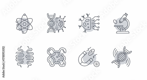 Collection of Science and Technology Icons Representing Biology and Physics.