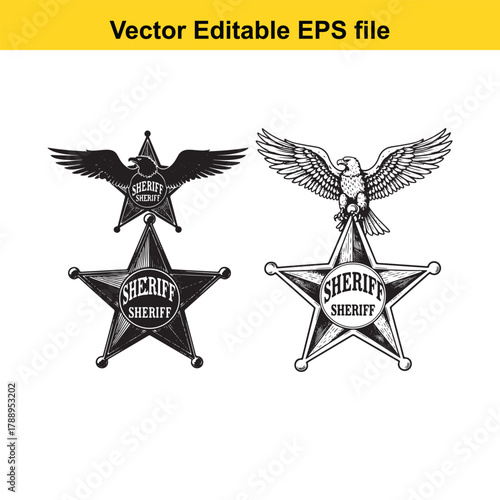Two sheriff badges with eagles, one solid black and one outlined