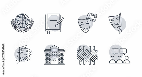 Collection of education and arts related icons representing different fields of study and creativity.