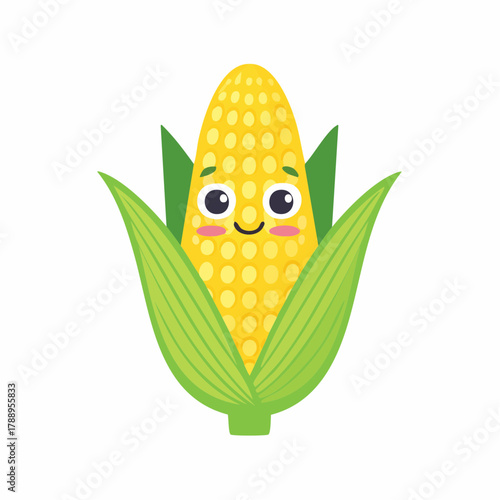 Adorable smiling corn character with rosy cheeks, perfect for children's books, farm-to-table marketing, and healthy eating campaigns, originally a vector graphic