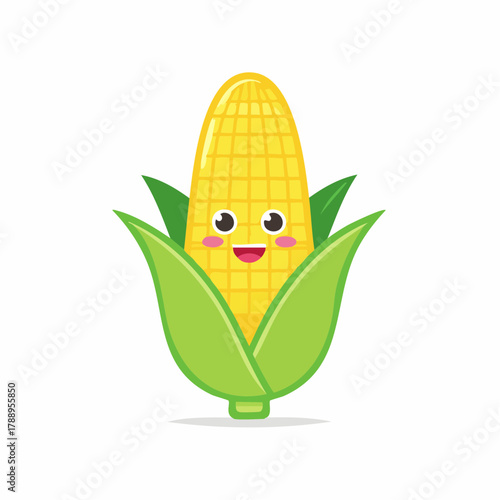Cheerful corn character radiates summer fun, perfect for kids' menus, healthy eating campaigns, or whimsical designs, a delightful, smiling vegetable