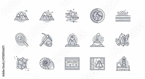 Collection of Geology and Earth Science Icons Representing Natural Phenomena.