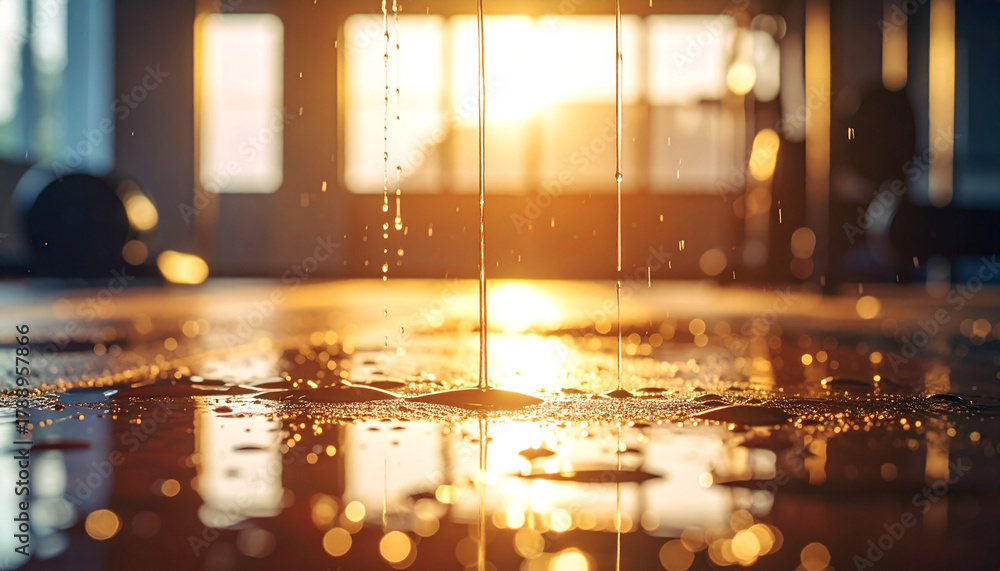 Fototapeta premium Reflecting Sunlight: Close-up of water droplets on a wooden floor in a gymnasium, with sunlight creating bokeh effects. Capturing the interplay of light and water.