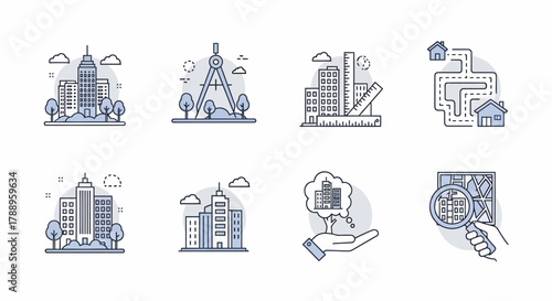 Cityscape and Urban Planning Icons - Architectural Design and Navigation.