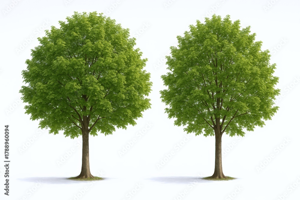 Obraz premium Two Deciduous Trees with Green Foliage on a White Background, Symbolizing Growth and Natural Beauty