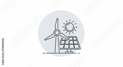 Wind Turbine and Solar Panel Icon Representing Renewable Energy.