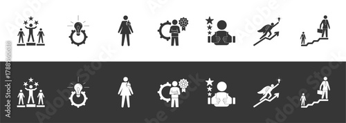 excellence glyph icon group illustration includes competence, innovation, passion, service, satisfaction, motivation with different colors and backgrounds