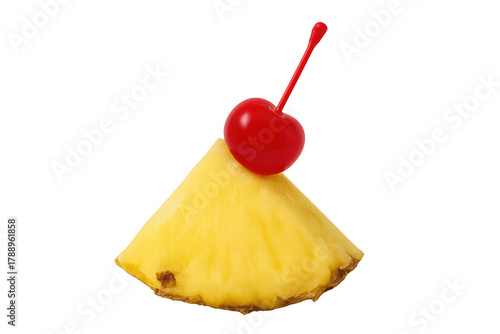 Pineapple slice with maraschino cherry garnish on stick