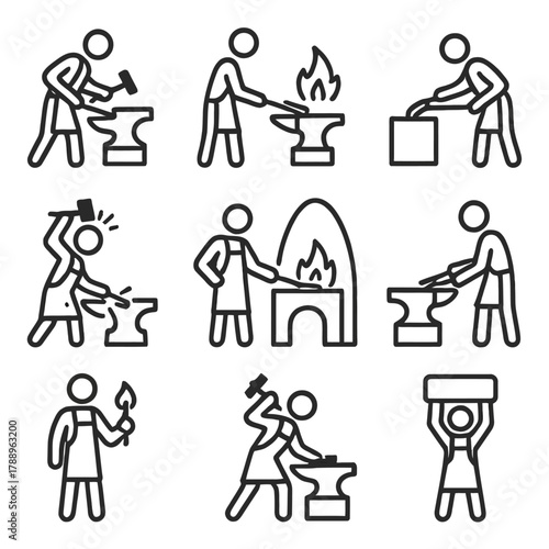 Blacksmith and Forging Process Thin Line Icons Set