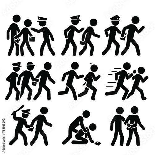 Police Officer Arresting Pickpocket Silhouette Icons Set