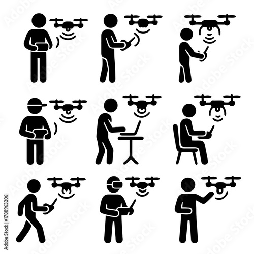 Drone Pilot in Action and Poses Silhouette Icons Set