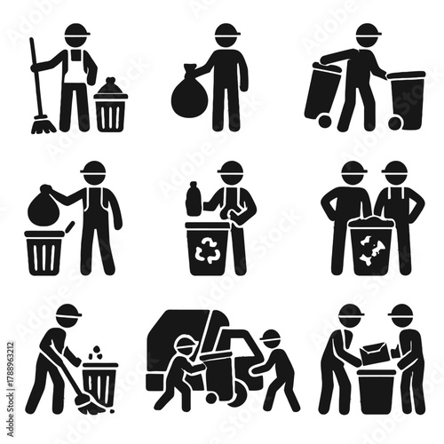 Sanitation Worker and Waste Collection Silhouette Icons Set