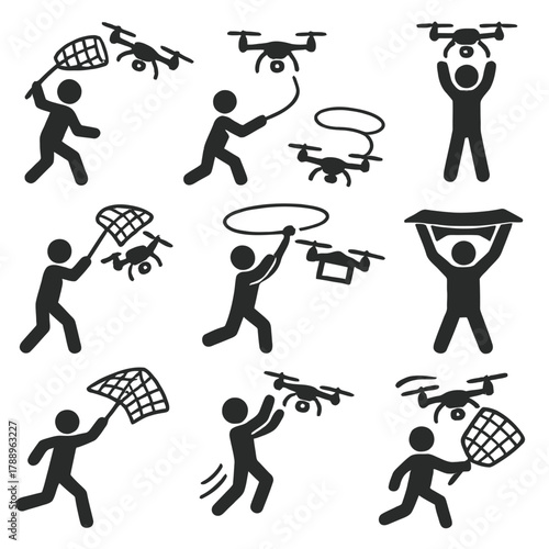 Drone Capture Net and UAV Interception Silhouette Icons