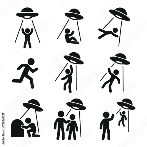 Detailed Alien Abduction Scenario Icons and UFO Encounters