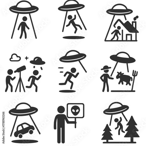 Detailed Alien Abduction Scenario Icons and UFO Encounters