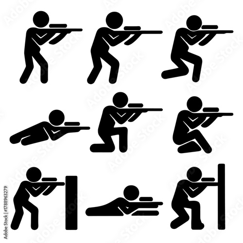 Sniper and Marksman Shooting Positions Silhouette Icons Set