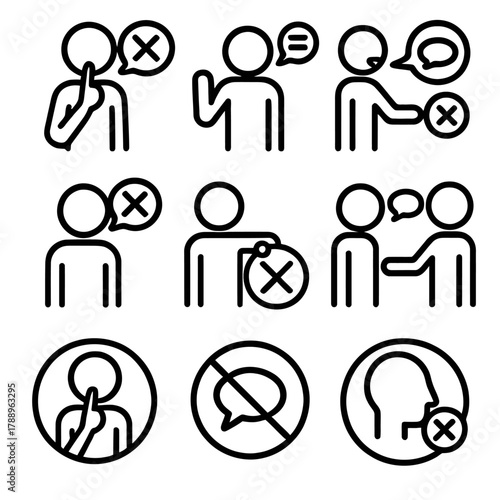 Silence, Quiet, and Stop Talking Gesture Silhouette Icons Set