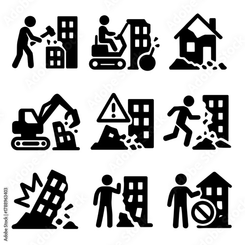 Building Demolition, Destruction, and Collapse Silhouette Icons