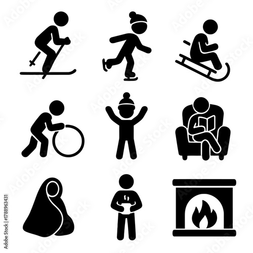 Outdoor Winter Activities and Sports Silhouette Icons Set