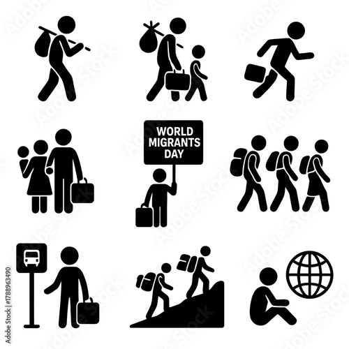 World Migrants Day and Human Migration Silhouette Icons Set