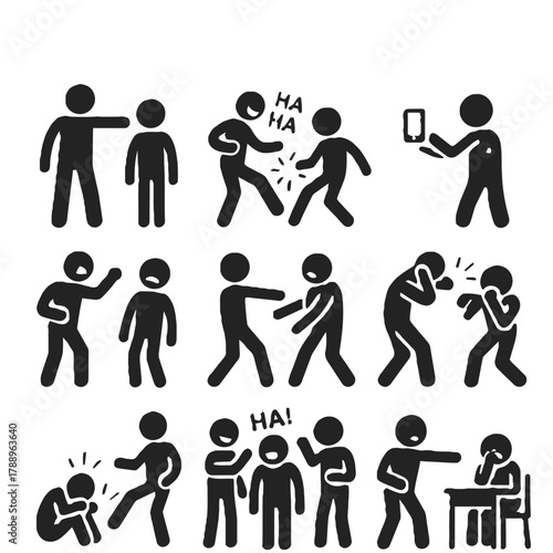 Bullying and Emotional Abuse Silhouette Icons Set