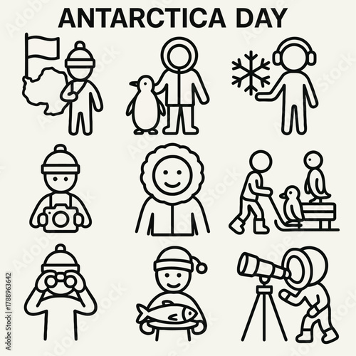 Antarctica Day Detailed Line Icons – Expedition and Wildlife
