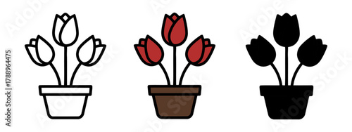 Three simple icon red tulips flower in a pot set on a White Background 
