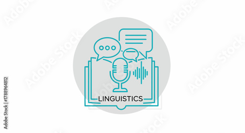 Linguistics concept with microphone and speech bubbles.