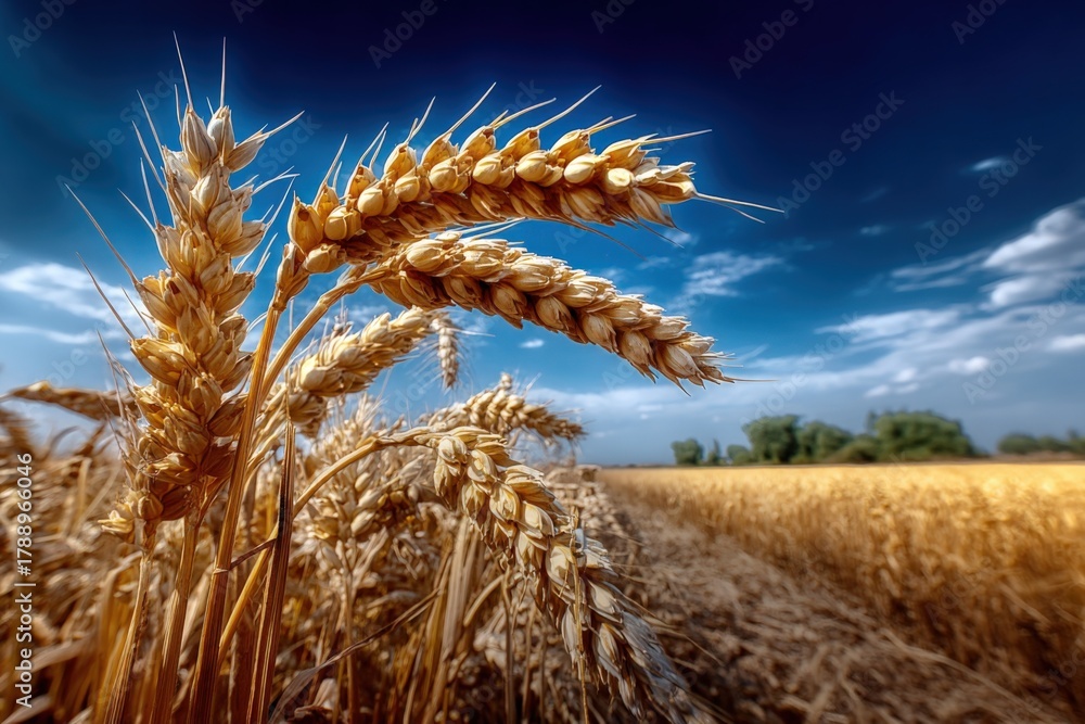 Naklejka premium Golden Wheat Field Under a Dramatic Sky: Agriculture, Harvest, and Rural Landscape Photography