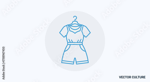 Blue Outline Icon of a Stylish Summer Romper on a Hanger.