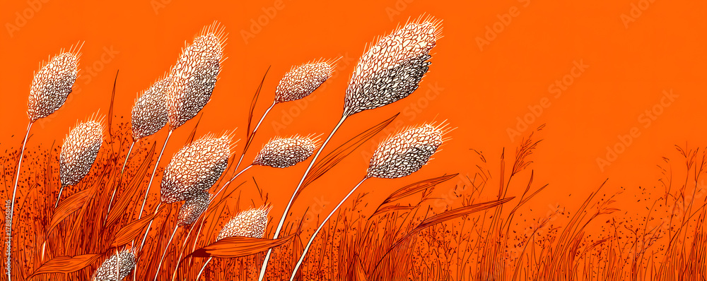 Fototapeta premium Cereal rye bread background. Leaves and ears of wheat wrapper. Agriculture straw. Orange contour line vector. Horizontal banner.