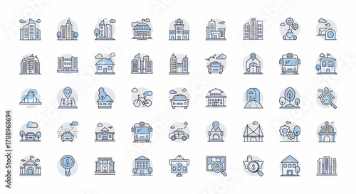 Collection of diverse building and architectural icons representing various structures.