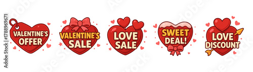 Valentine offer cartoon badges, romantic sale labels