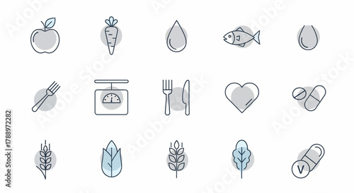 Healthy Lifestyle Icons Representing Food and Wellness.