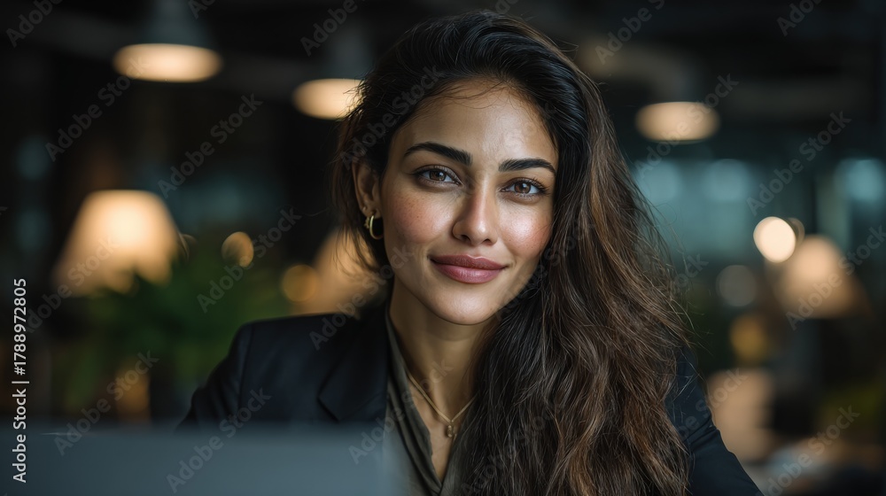 Obraz premium Confident Businesswoman Portrait: Professional Woman with Long Hair in Modern Office Setting Smiling