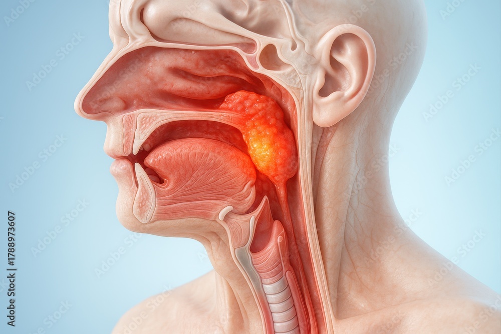 Fototapeta premium Anatomically accurate rendering of nasopharyngeal cancer, highlighting a red-orange tumor spreading from the nasal cavity to the upper pharyngeal region with clear contrast against healthy tissue.