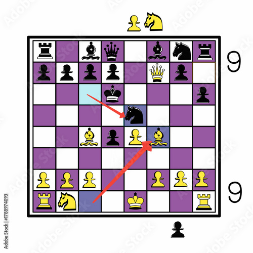 vector image of white bishop attack checkmated king closed by black knight on move nine