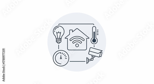 Smart Home Technology Icons Representing Connected Devices and Automation.